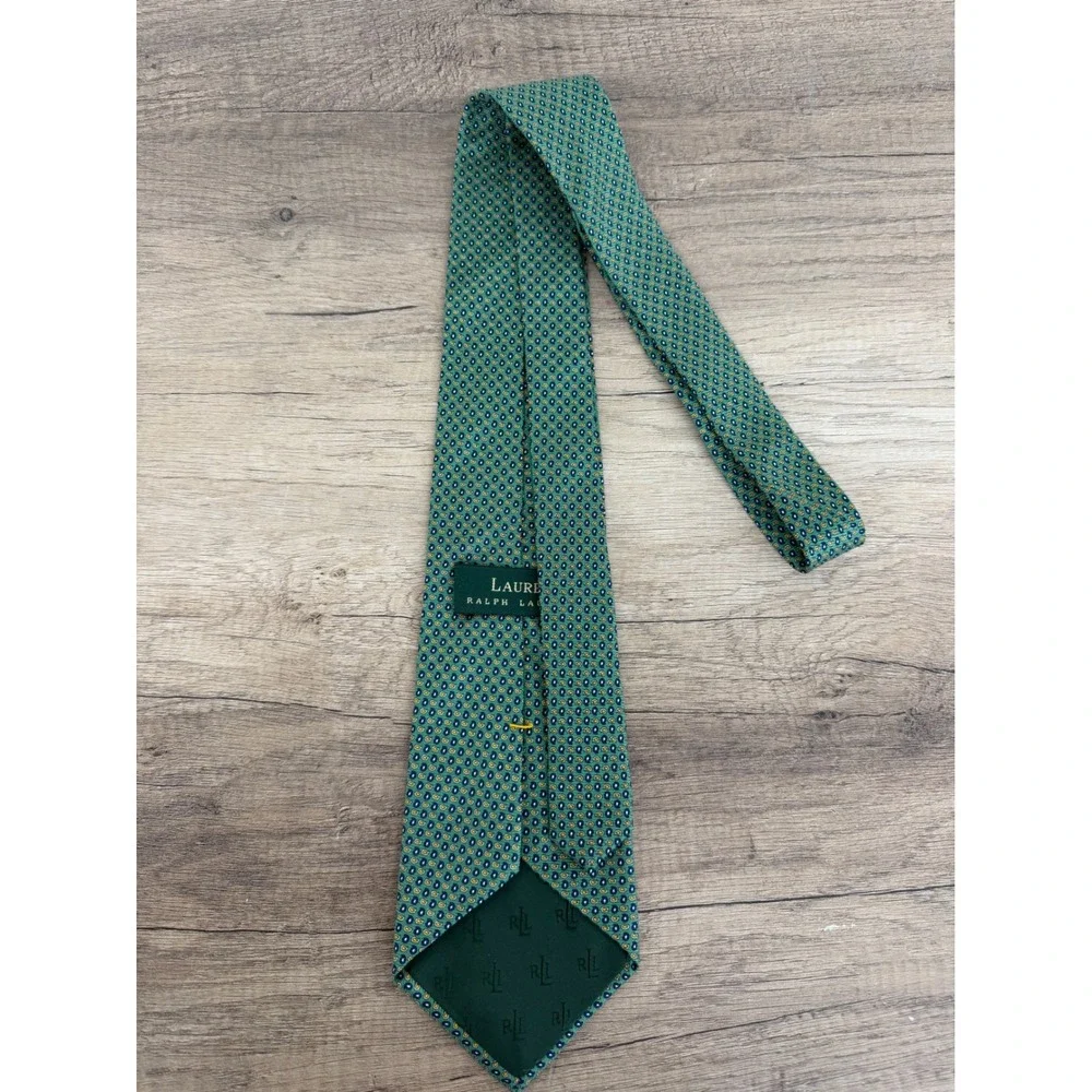 Lauren Ralph Lauren Mens Silk Tie Green Blue Yellow Micro Paisley Hand Finished